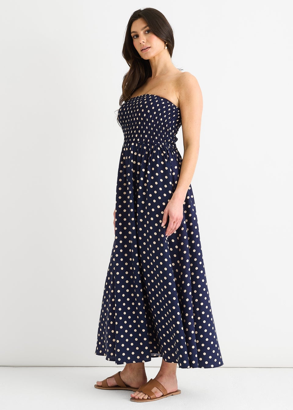 Gini London Navy Shirred Top Viscose Spot Midi Dress