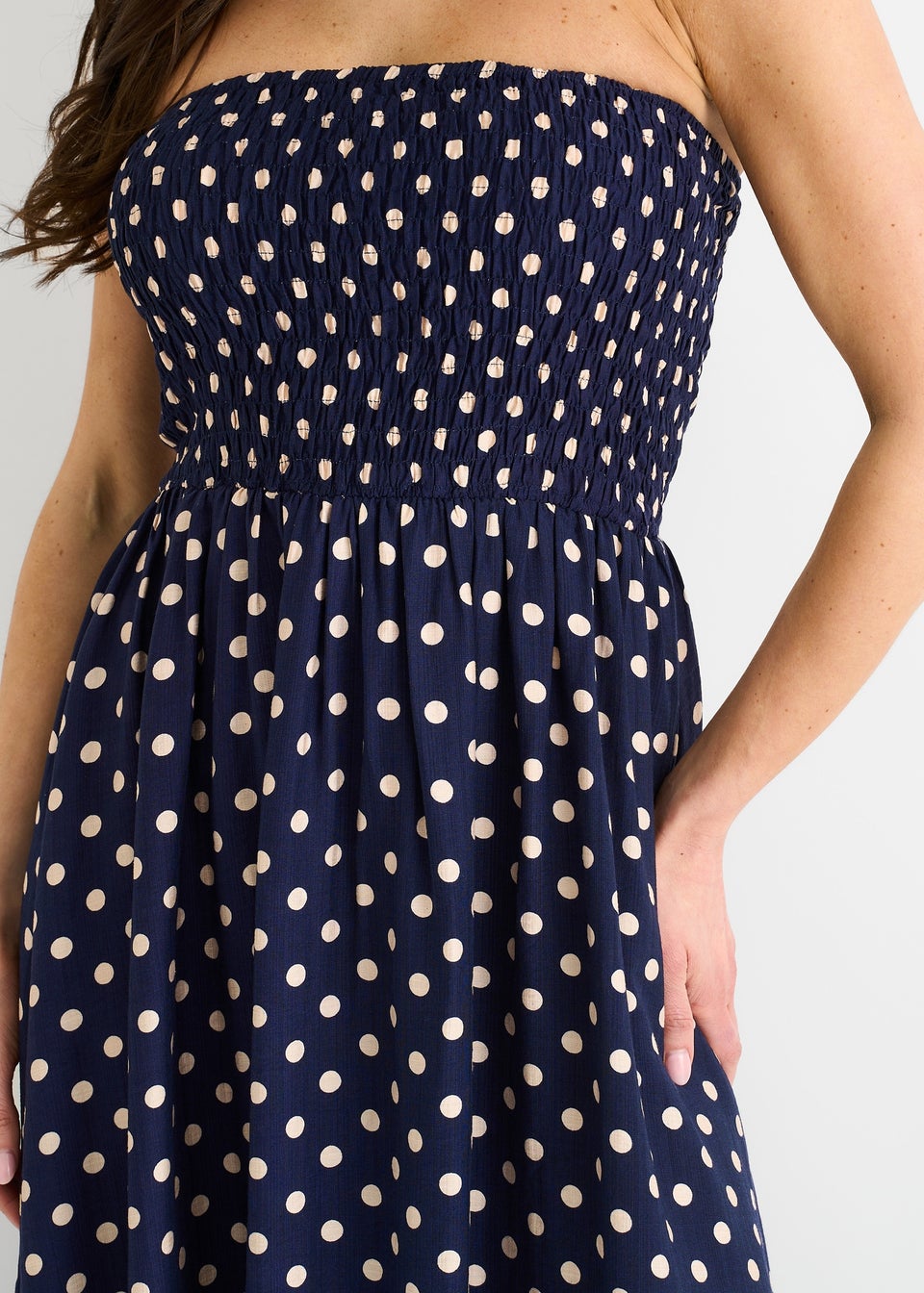 Gini London Navy Shirred Top Viscose Spot Midi Dress