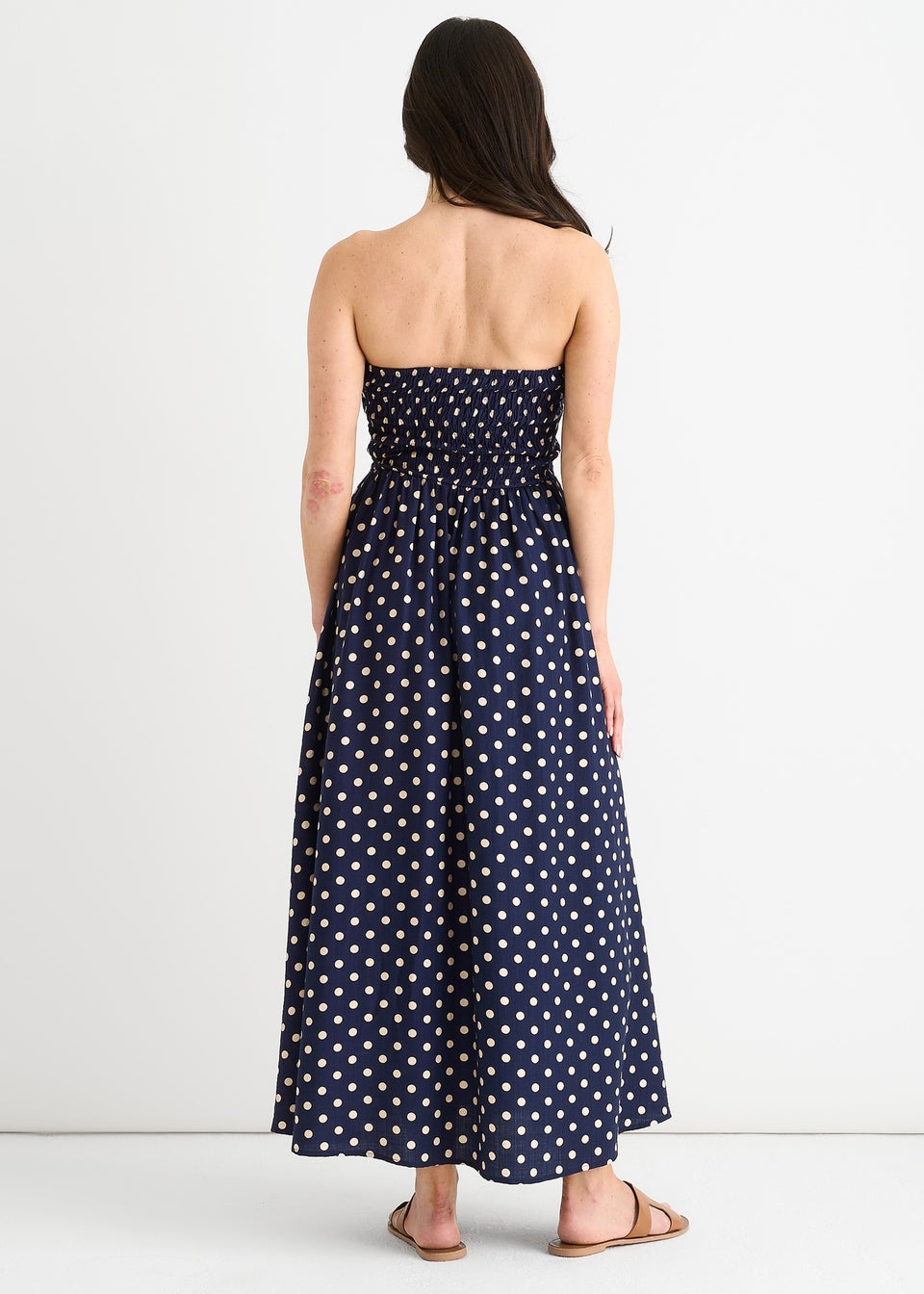 Gini London Navy Shirred Top Viscose Spot Midi Dress