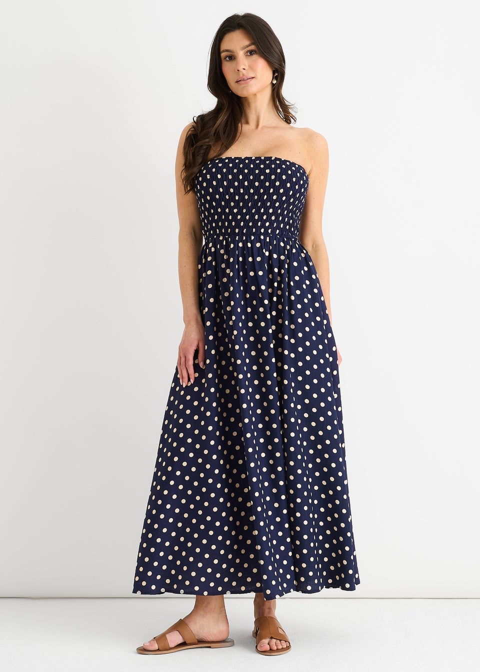 Gini London Navy Shirred Top Viscose Spot Midi Dress