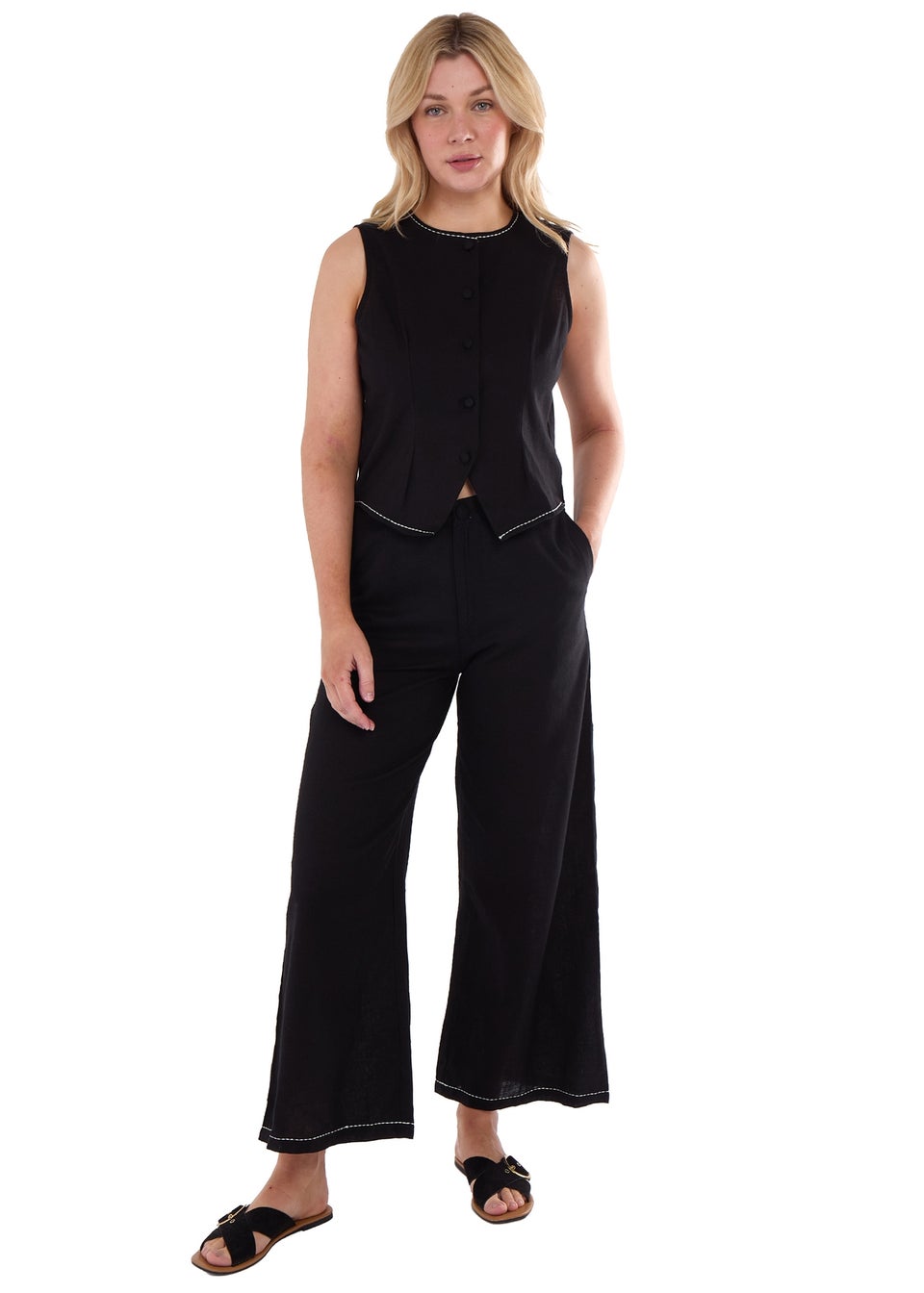 Gini London Black Cotton Contrast Stitch Detail Waist Coat