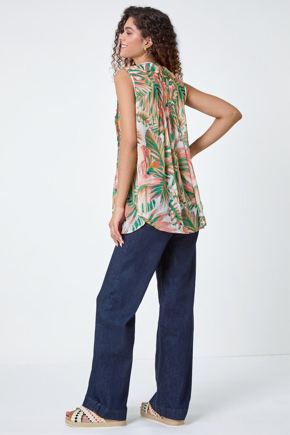 Roman Orange Leaf Print Ruffle Front Buttoned Blouse