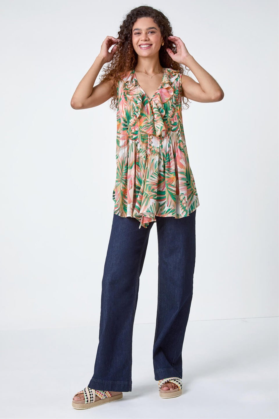 Roman Orange Leaf Print Ruffle Front Buttoned Blouse