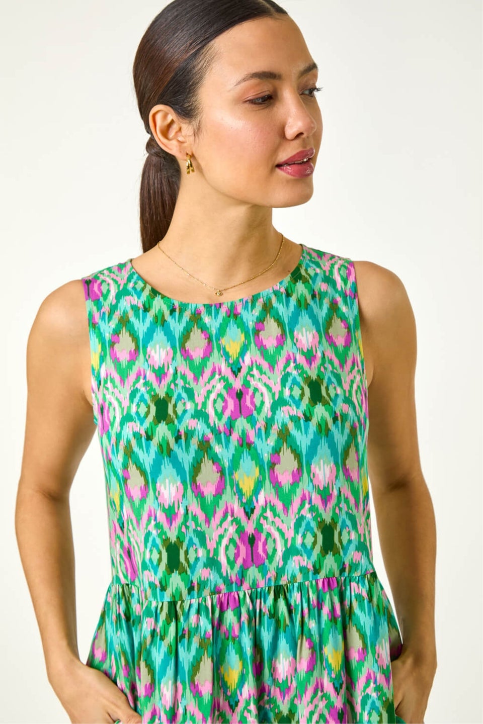 Roman Green Abstract Print Smock Midi Dress