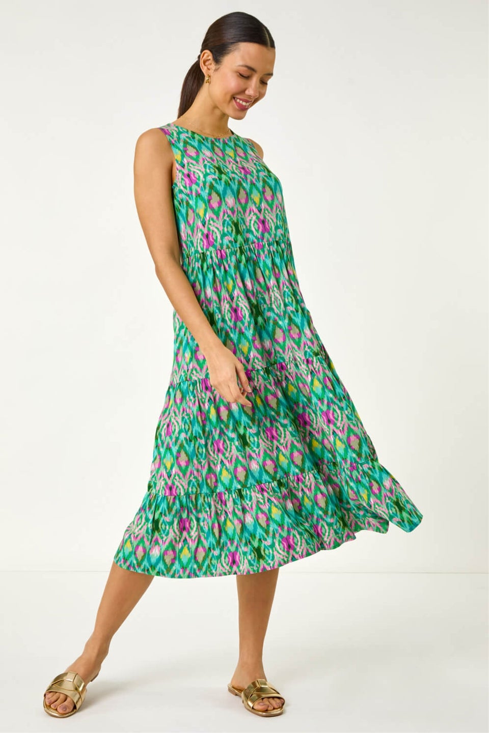 Roman Green Abstract Print Smock Midi Dress