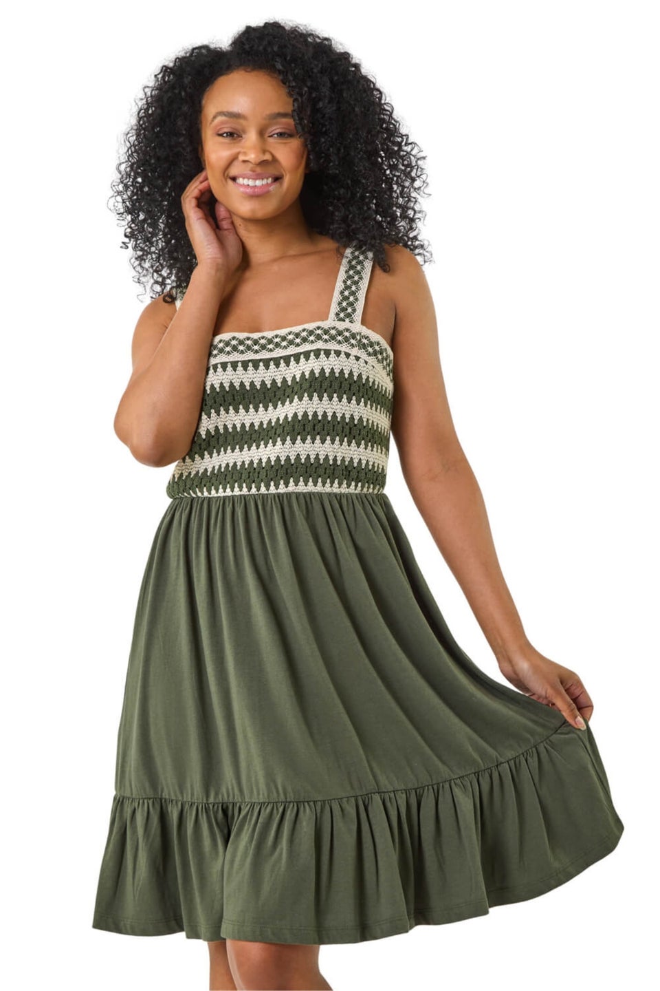 Roman Khaki Petite Crochet Trim Strap Dress