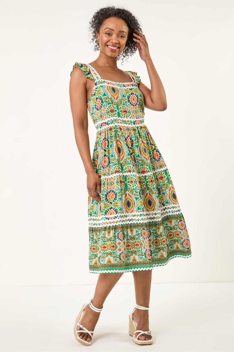 Roman Green Petite Abstract Frill Ric Rac Midi Dress