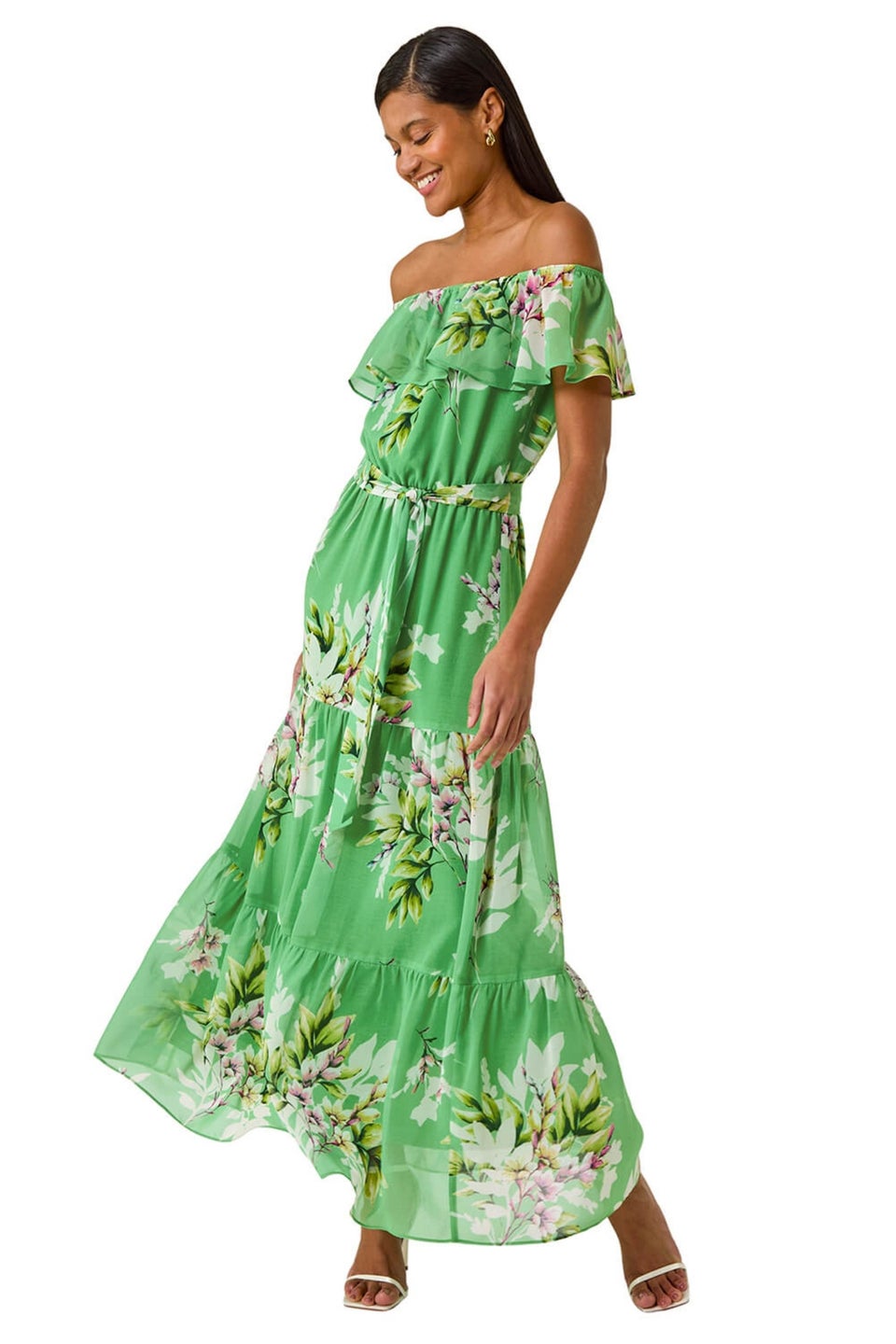 Roman Green Floral Bardot Belted Maxi Dress