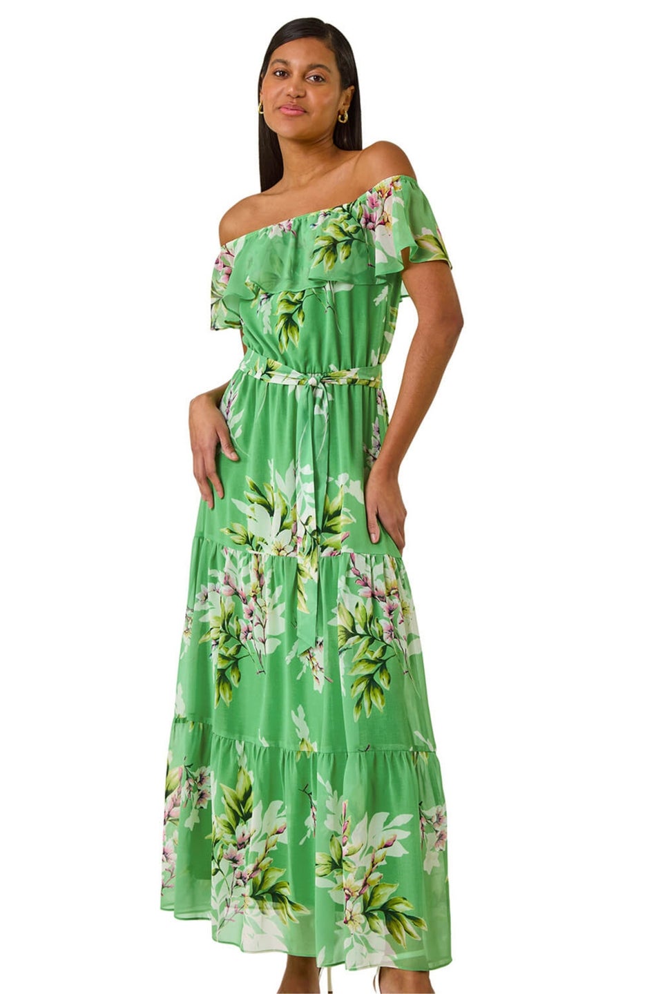 Roman Green Floral Bardot Belted Maxi Dress