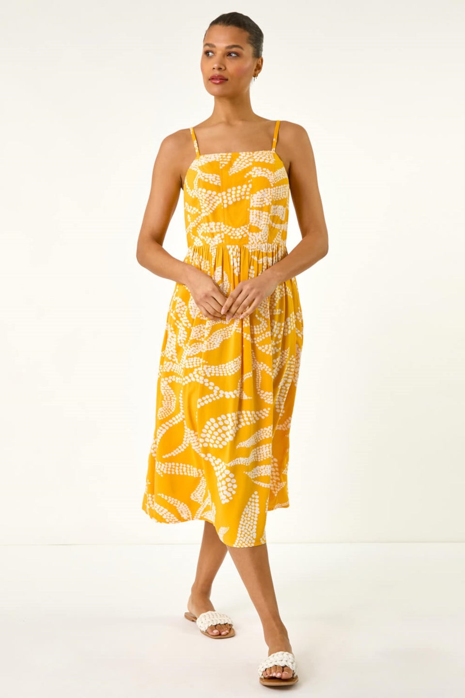Roman Yellow Leaf Print Strap Midi Dress
