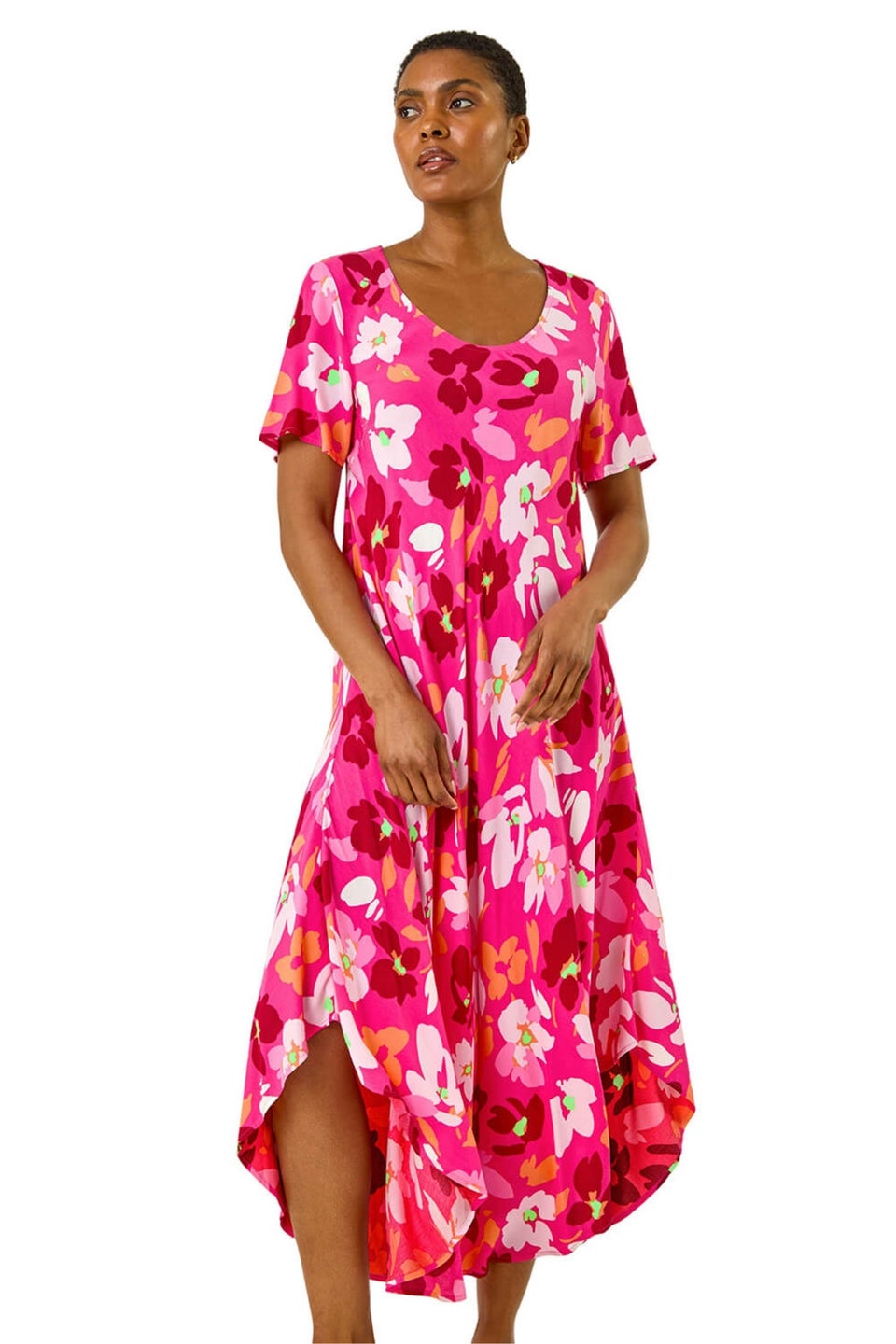 Roman Pink Floral Print Asymmetric Hem T-Shirt Dress