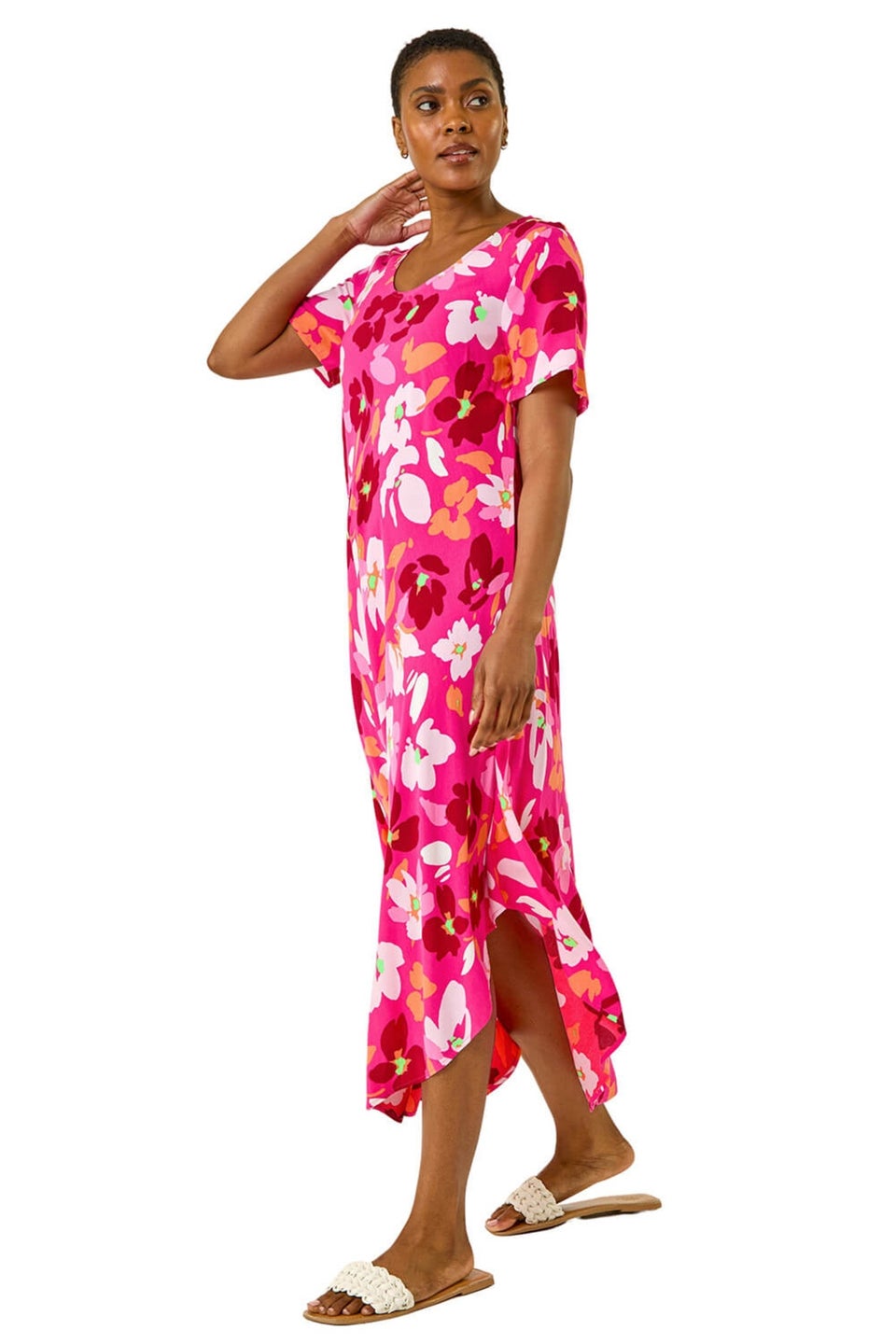 Roman Pink Floral Print Asymmetric Hem T-Shirt Dress