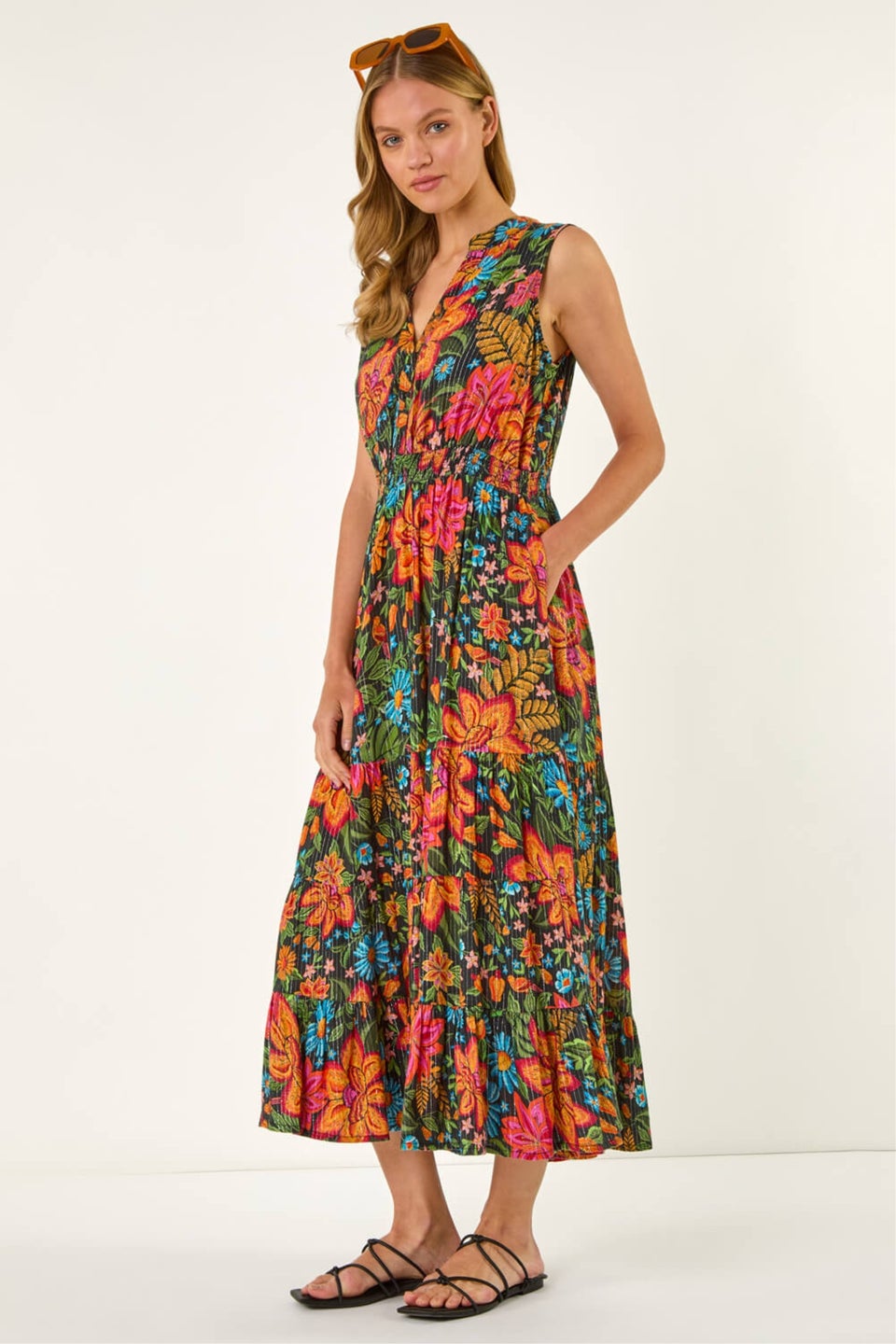 Roman Red Floral Shirred Maxi Dress