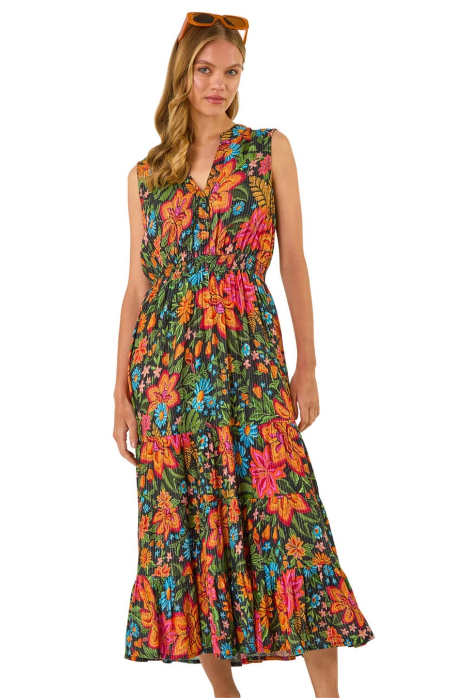 Roman Red Floral Shirred Maxi Dress