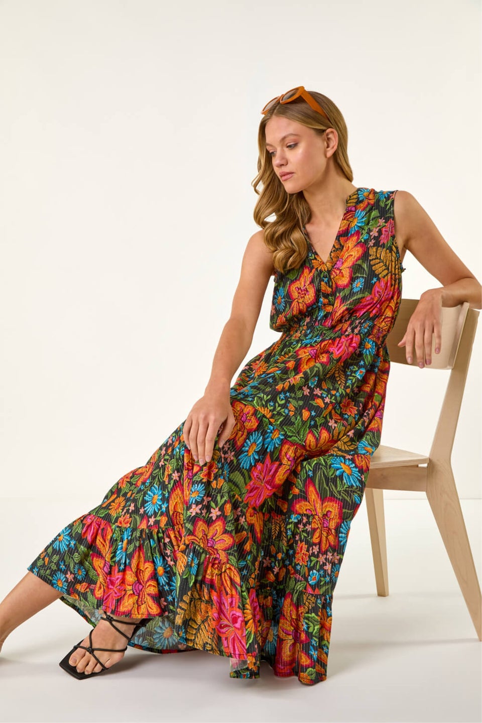 Roman Red Floral Shirred Maxi Dress