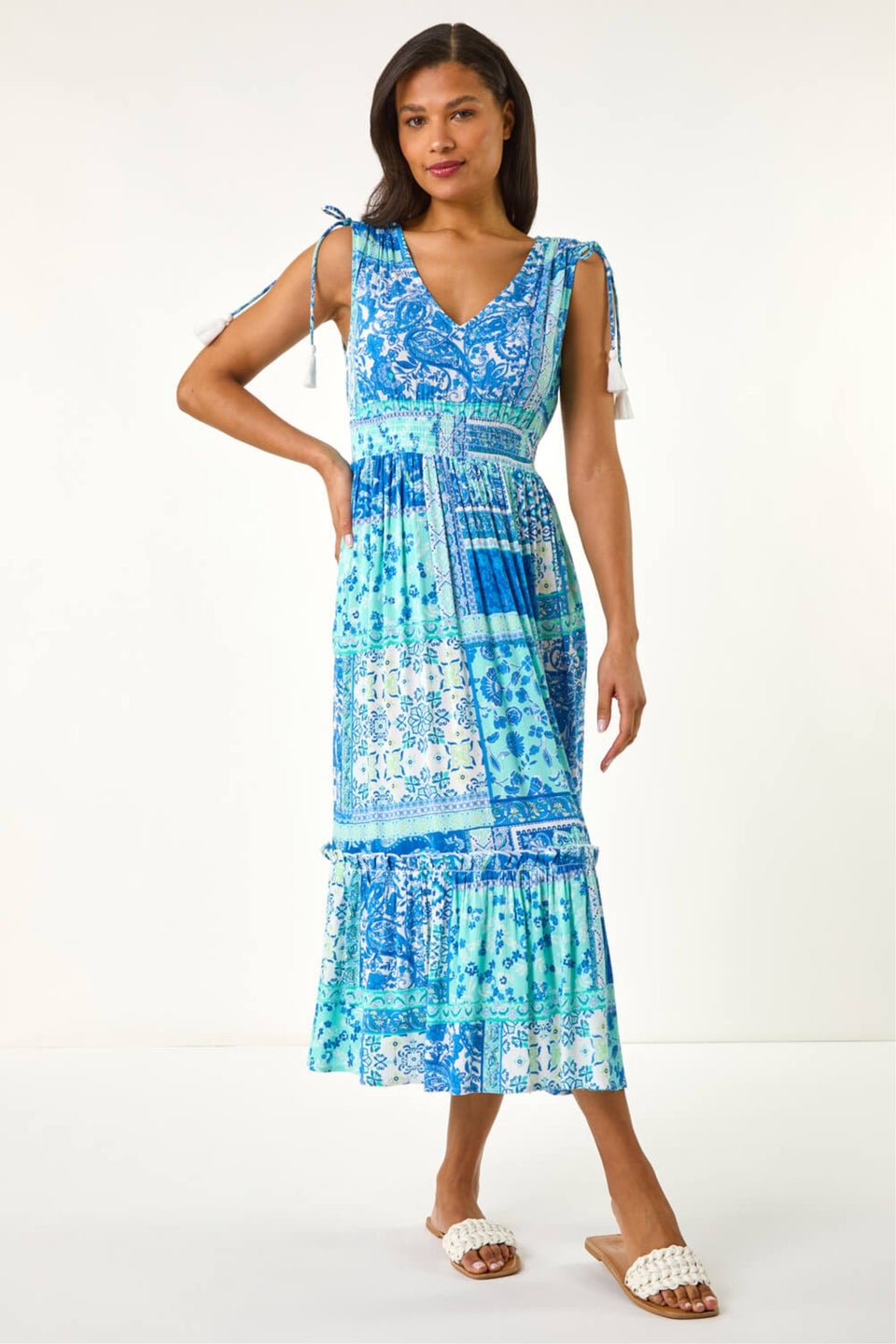 Roman Light Blue Patchwork Shimmer Maxi Dress