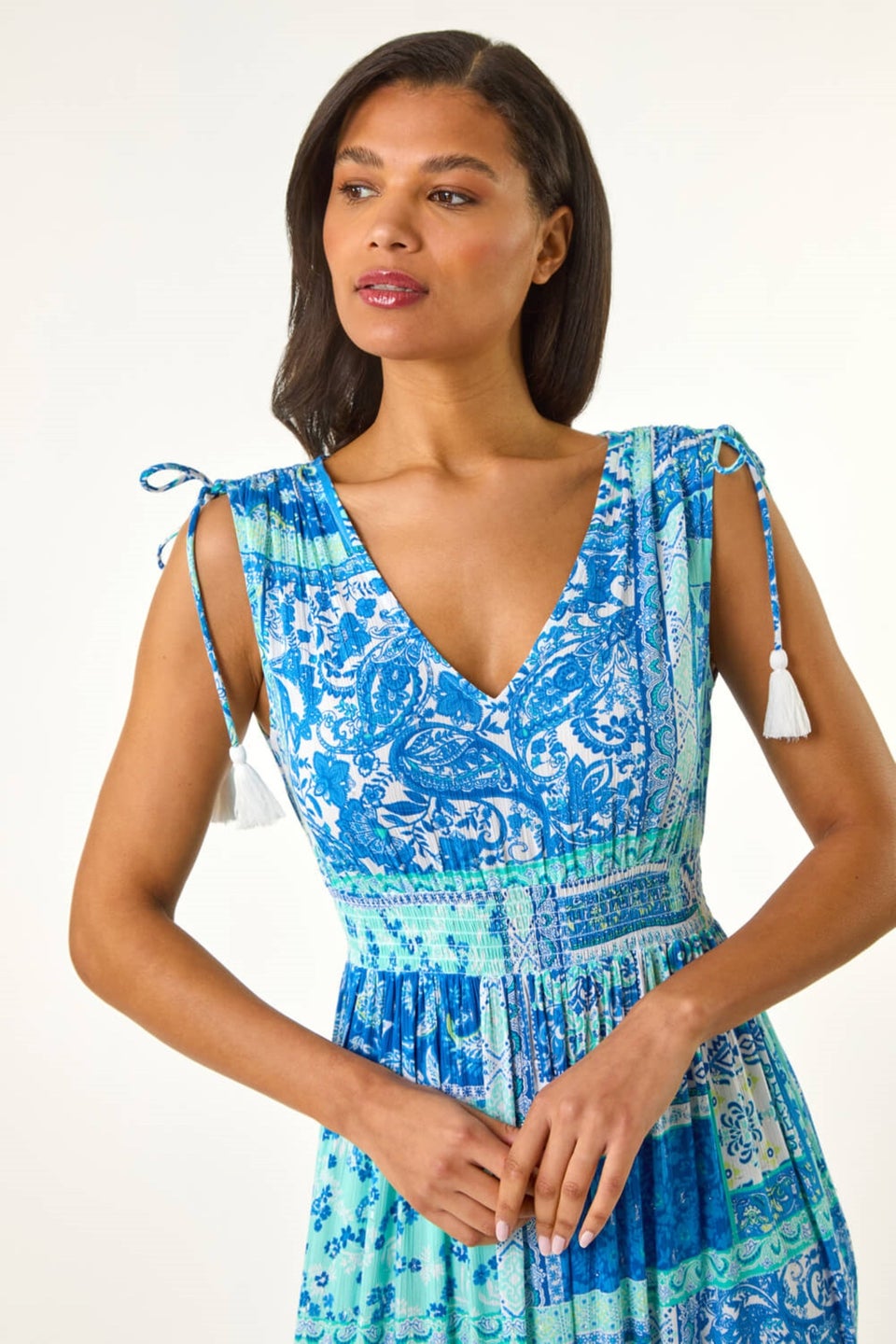 Roman Light Blue Patchwork Shimmer Maxi Dress