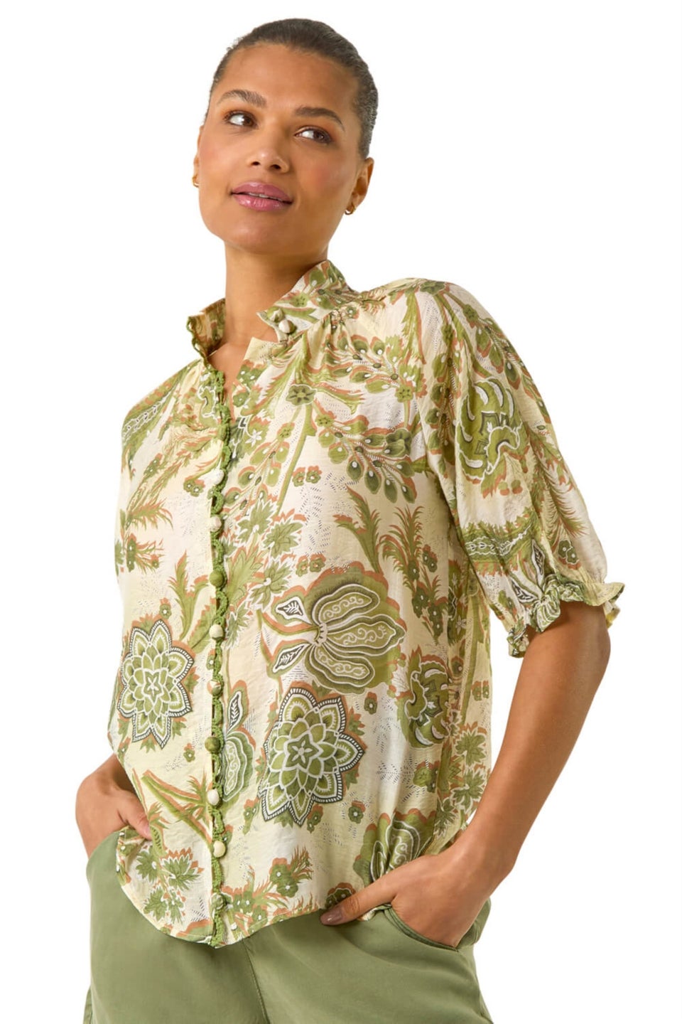 Roman Green Floral Print Trim Detail Blouse