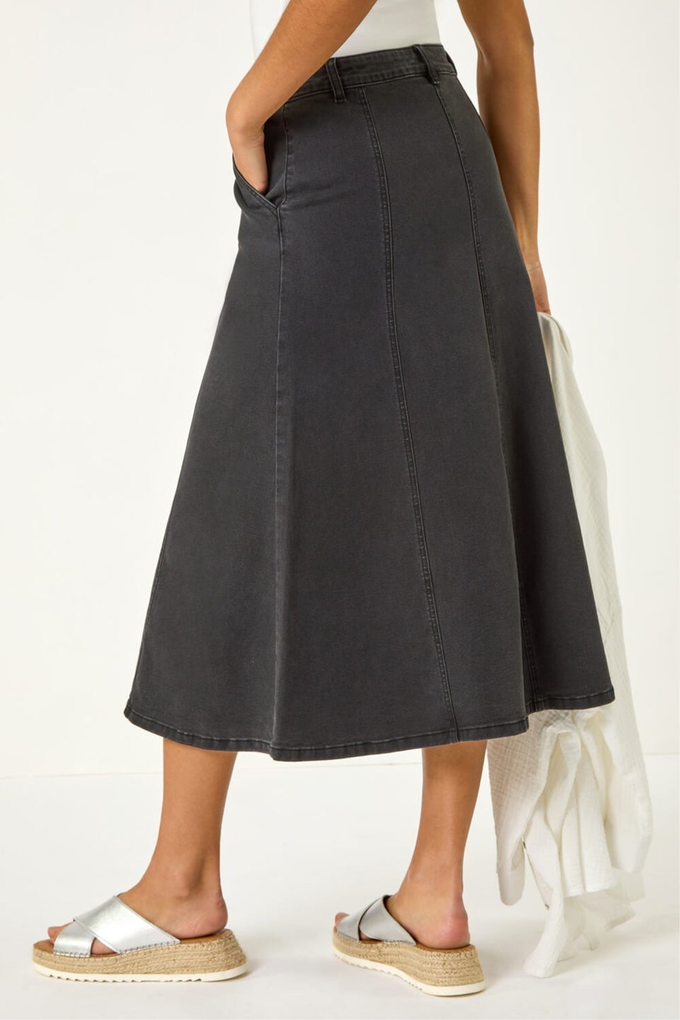 Roman Black Cotton Denim Panelled Midi Skirt