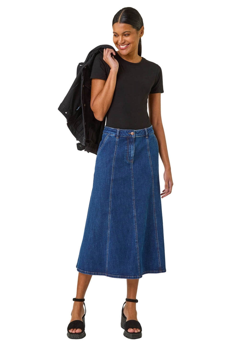Roman Indigo Cotton Denim Panelled Midi Skirt