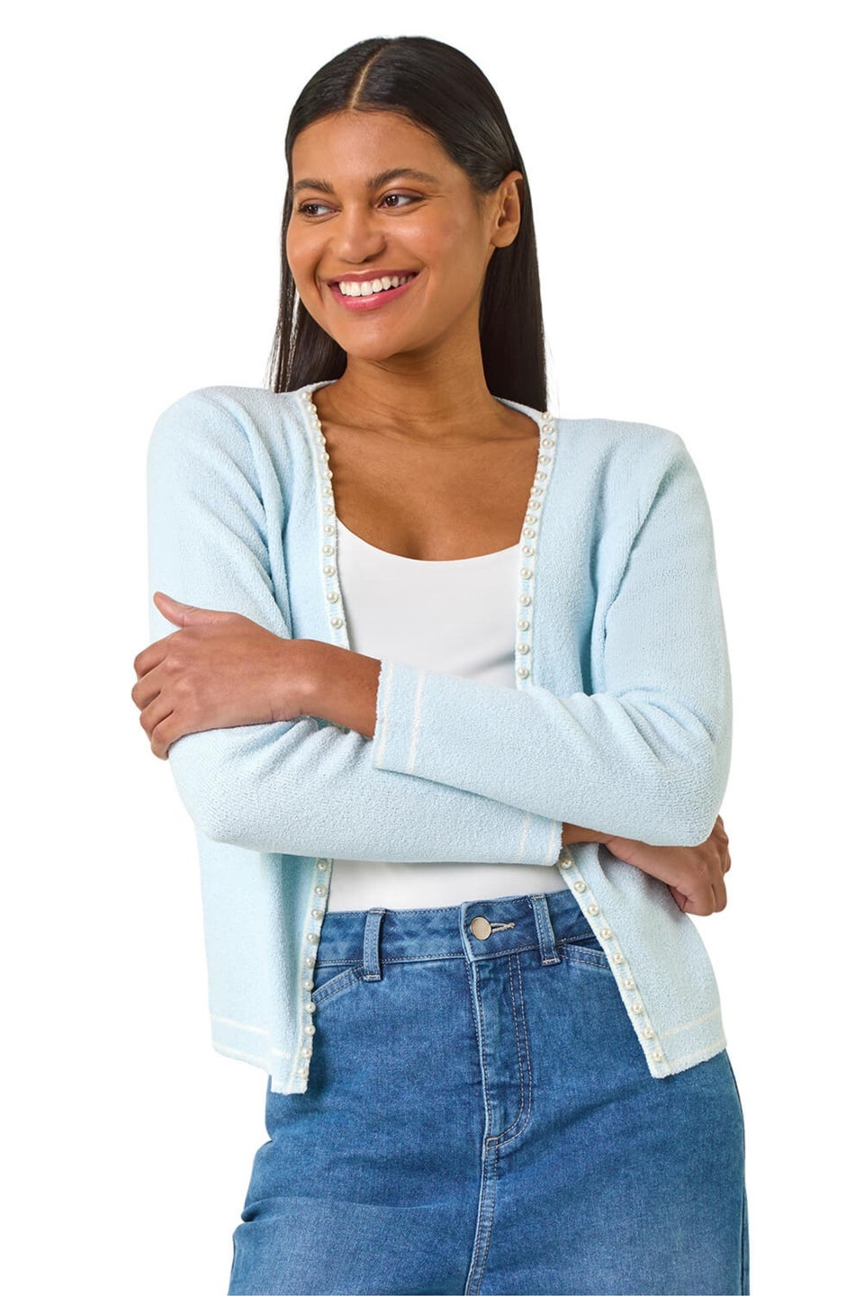 Roman Light Blue Faux Pearl Trim Cardigan