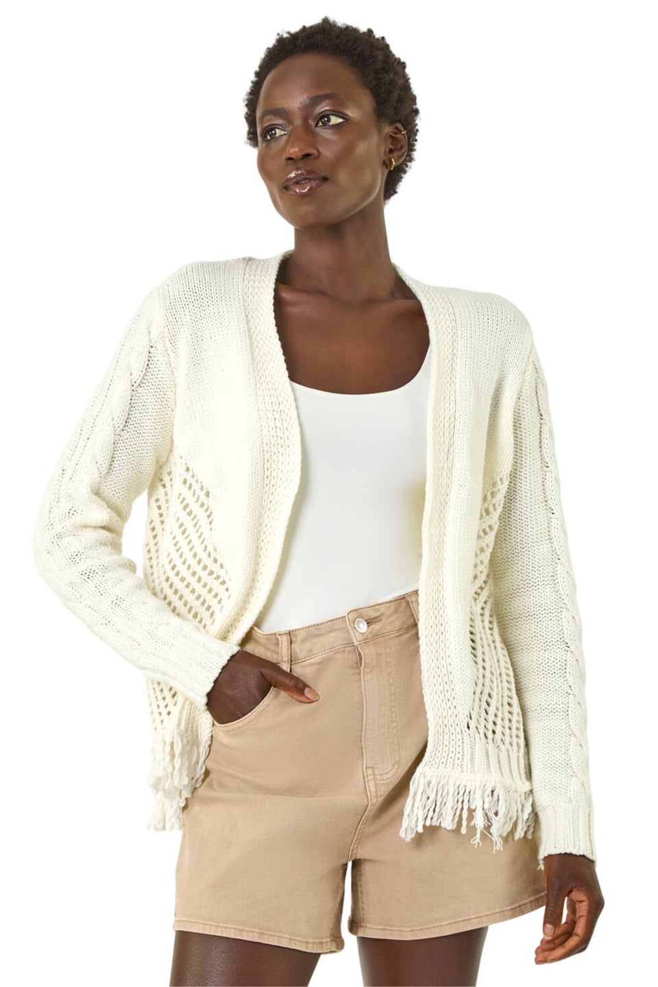 Roman Ivory Lightweight Fringe Hem Knit Cardigan