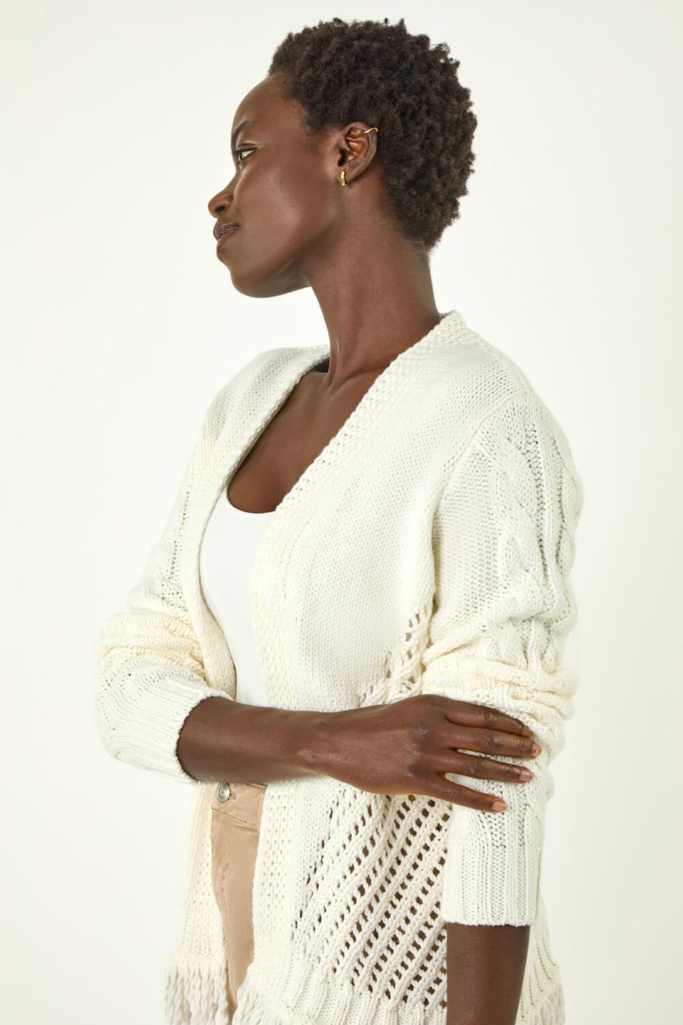 Roman Ivory Lightweight Fringe Hem Knit Cardigan