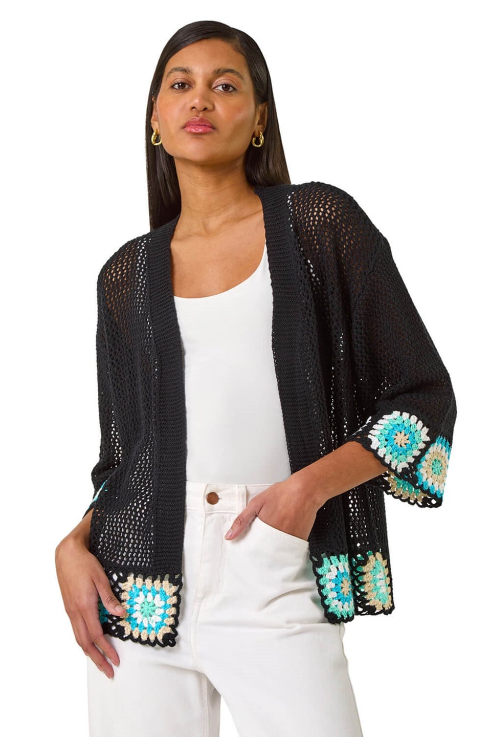 Roman Black Edge Crochet Hem Knit Cardigan