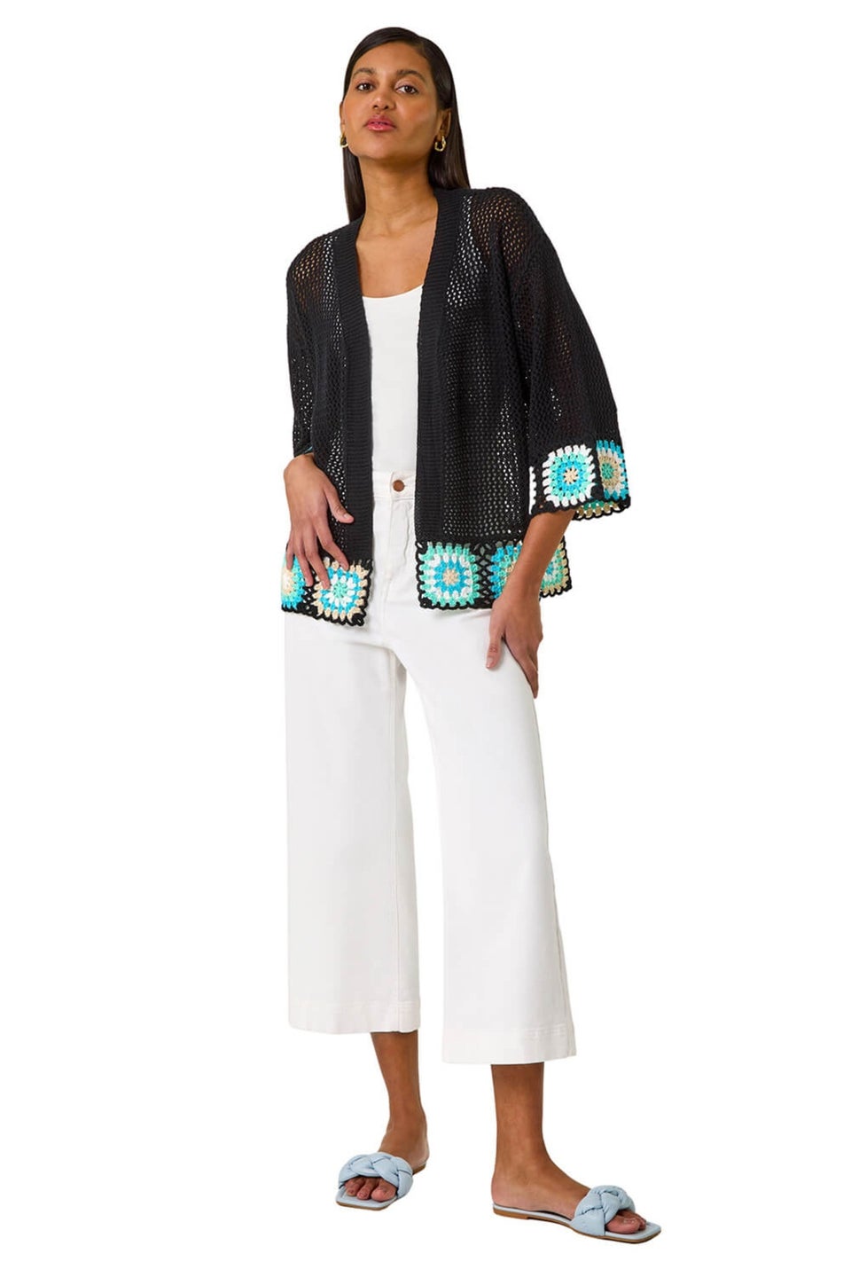 Roman Black Edge Crochet Hem Knit Cardigan