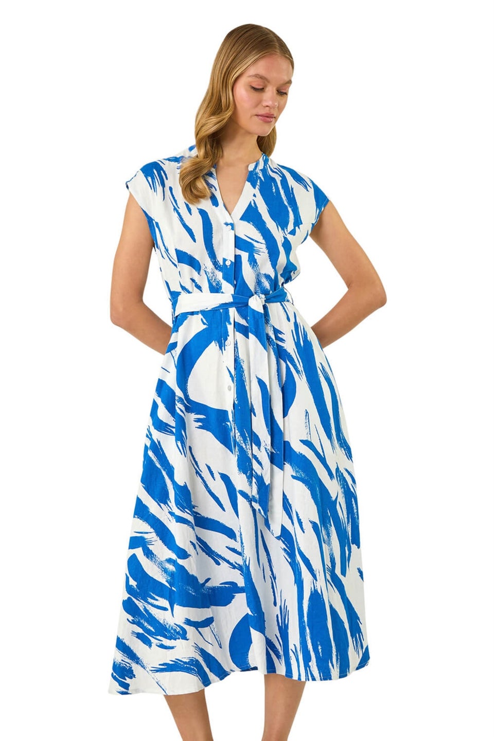 Roman Blue Brushstroke Linen Mix Midi Dress