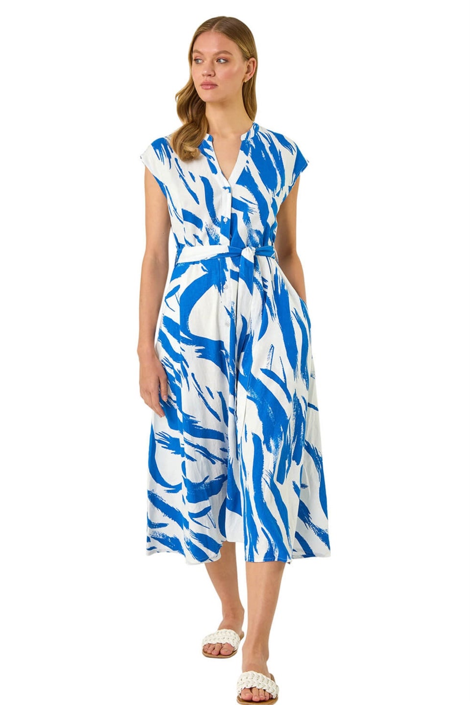 Roman Blue Brushstroke Linen Mix Midi Dress