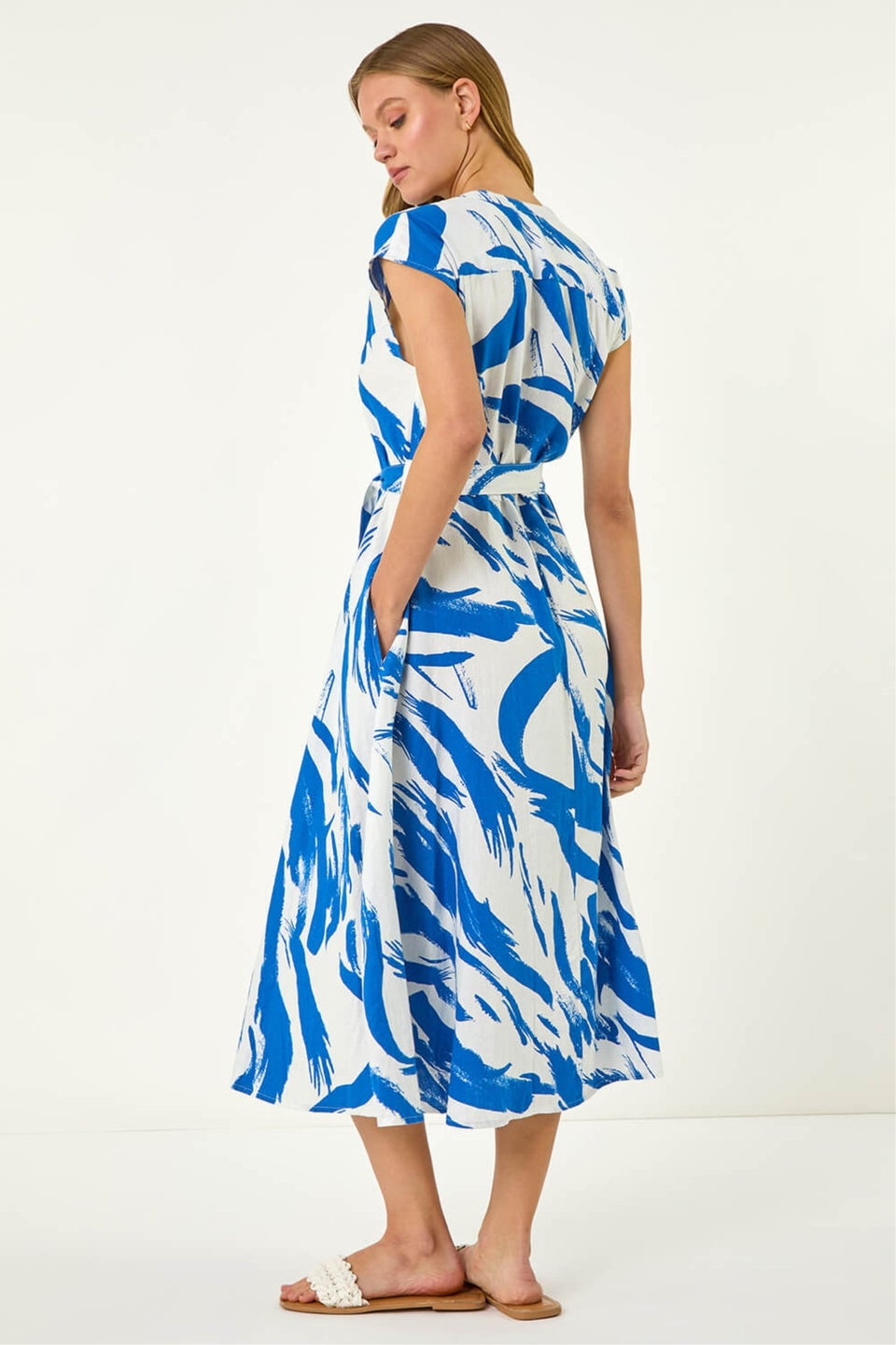 Roman Blue Brushstroke Linen Mix Midi Dress