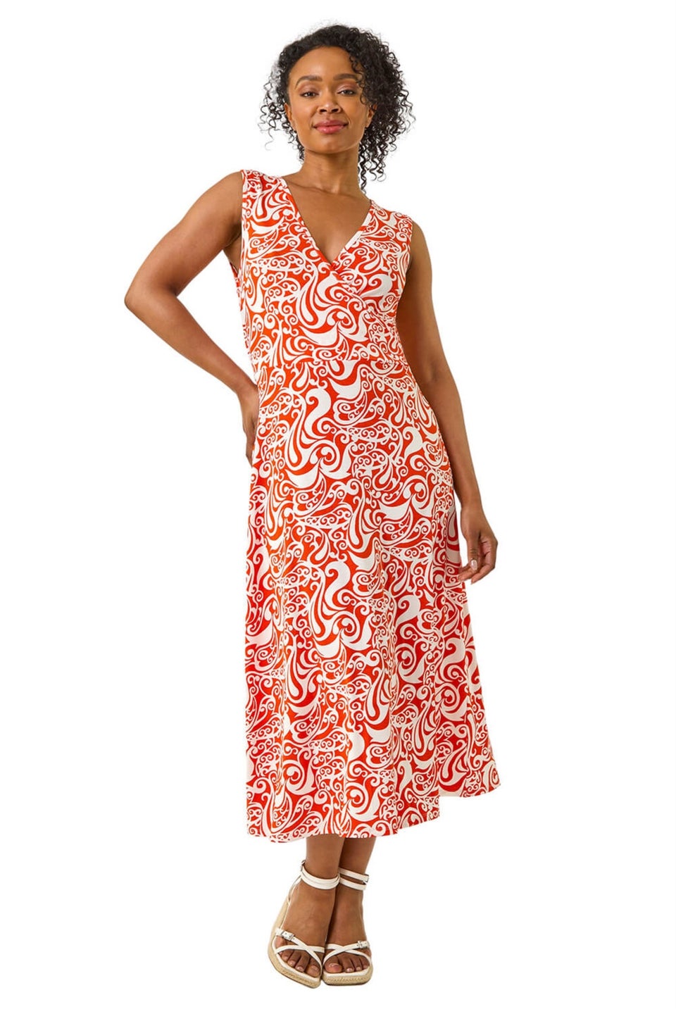 Roman Orange Petite Abstract Print Wrap Midi Dress