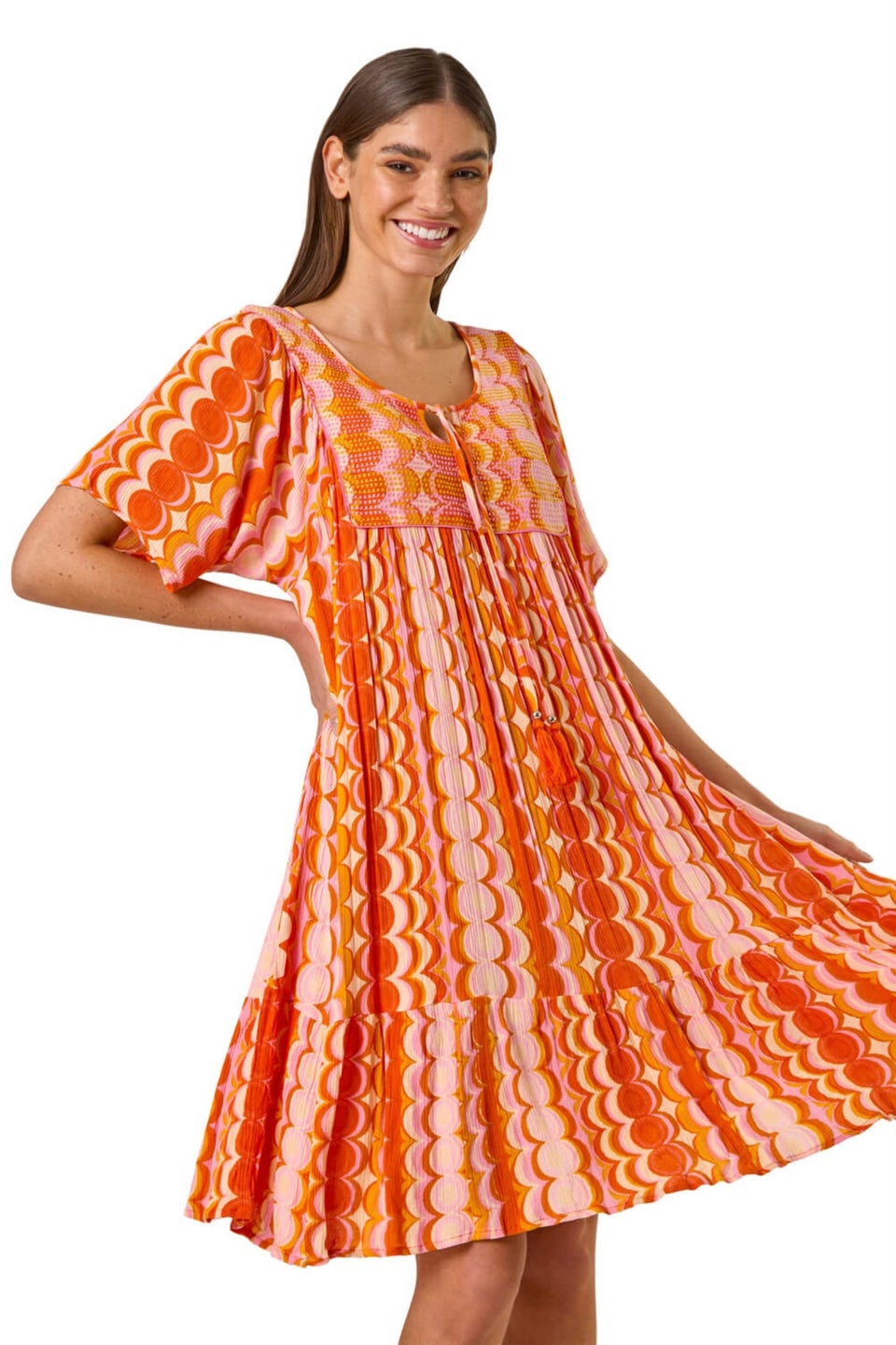 Roman Orange Abstract Smocked Dress