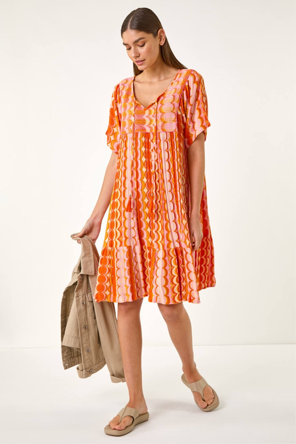 Roman Orange Abstract Smocked Dress