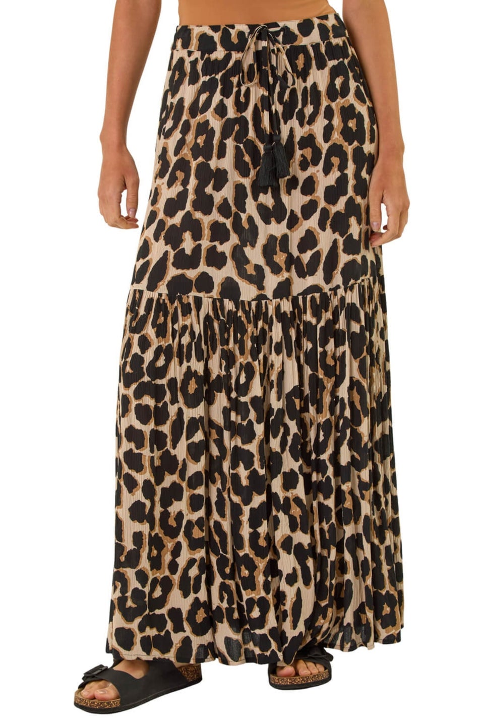Roman Natural Animal Print Tiered Maxi Skirt
