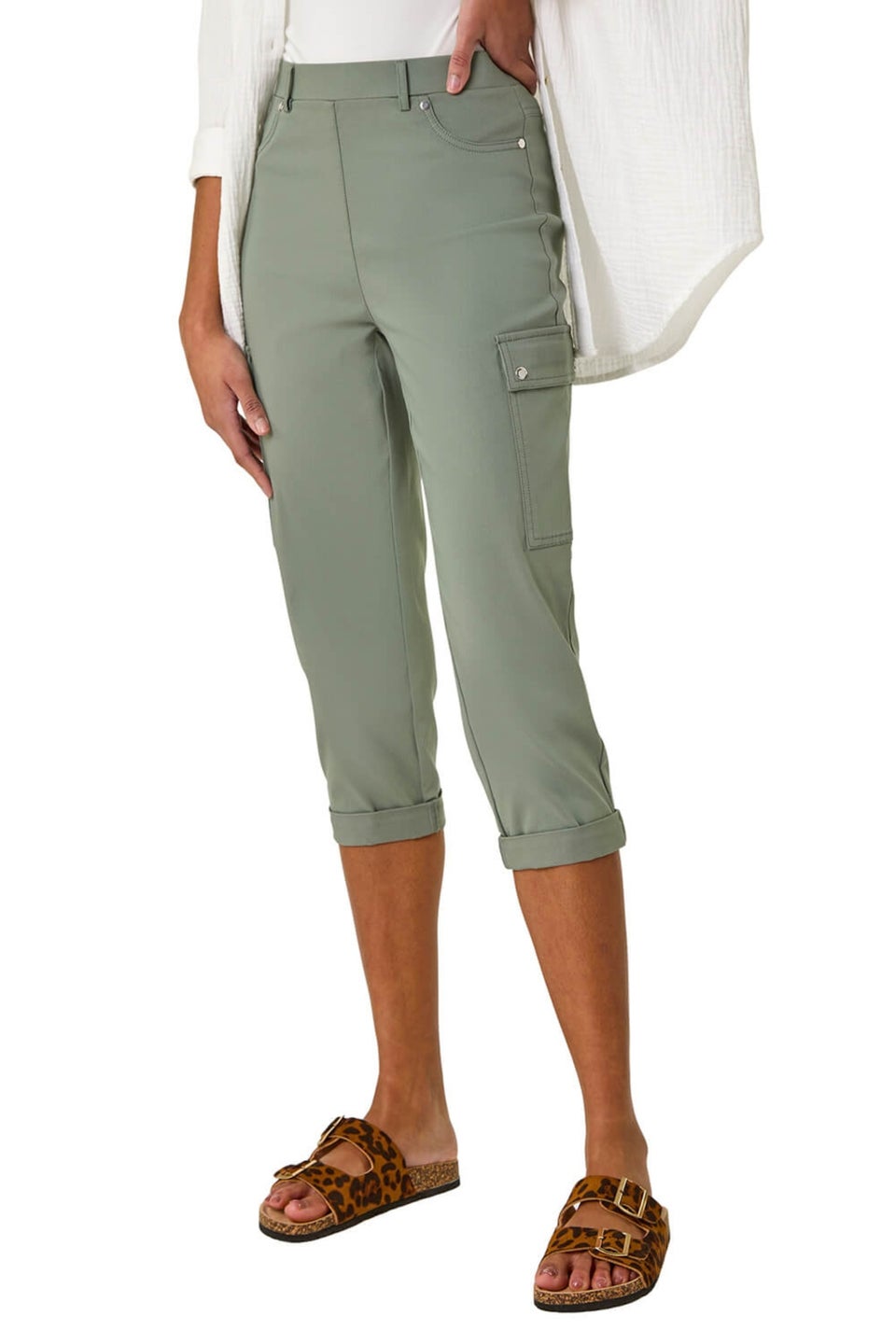 Roman Khaki Turn Up Stretch Cropped Cargo Trousers