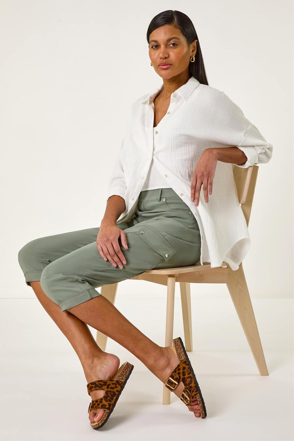 Roman Khaki Turn Up Stretch Cropped Cargo Trousers