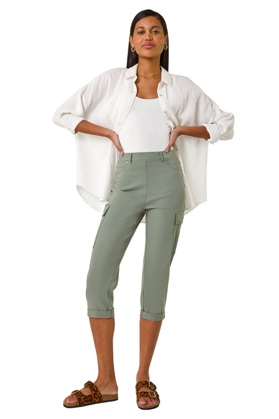 Roman Khaki Turn Up Stretch Cropped Cargo Trousers
