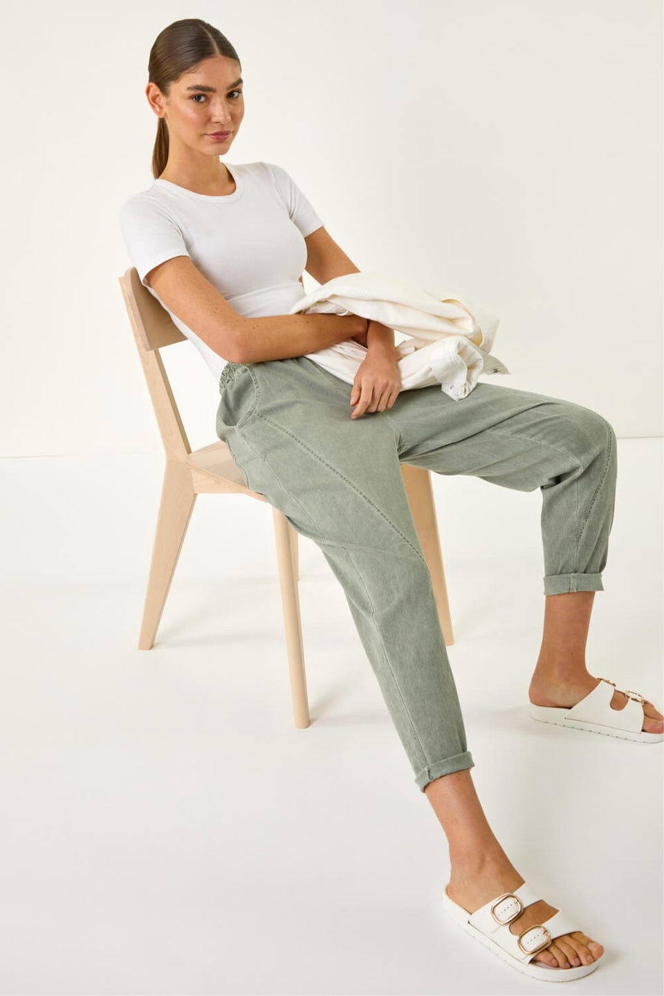 Roman Khaki Seam Detail Cropped Stretch Trouser