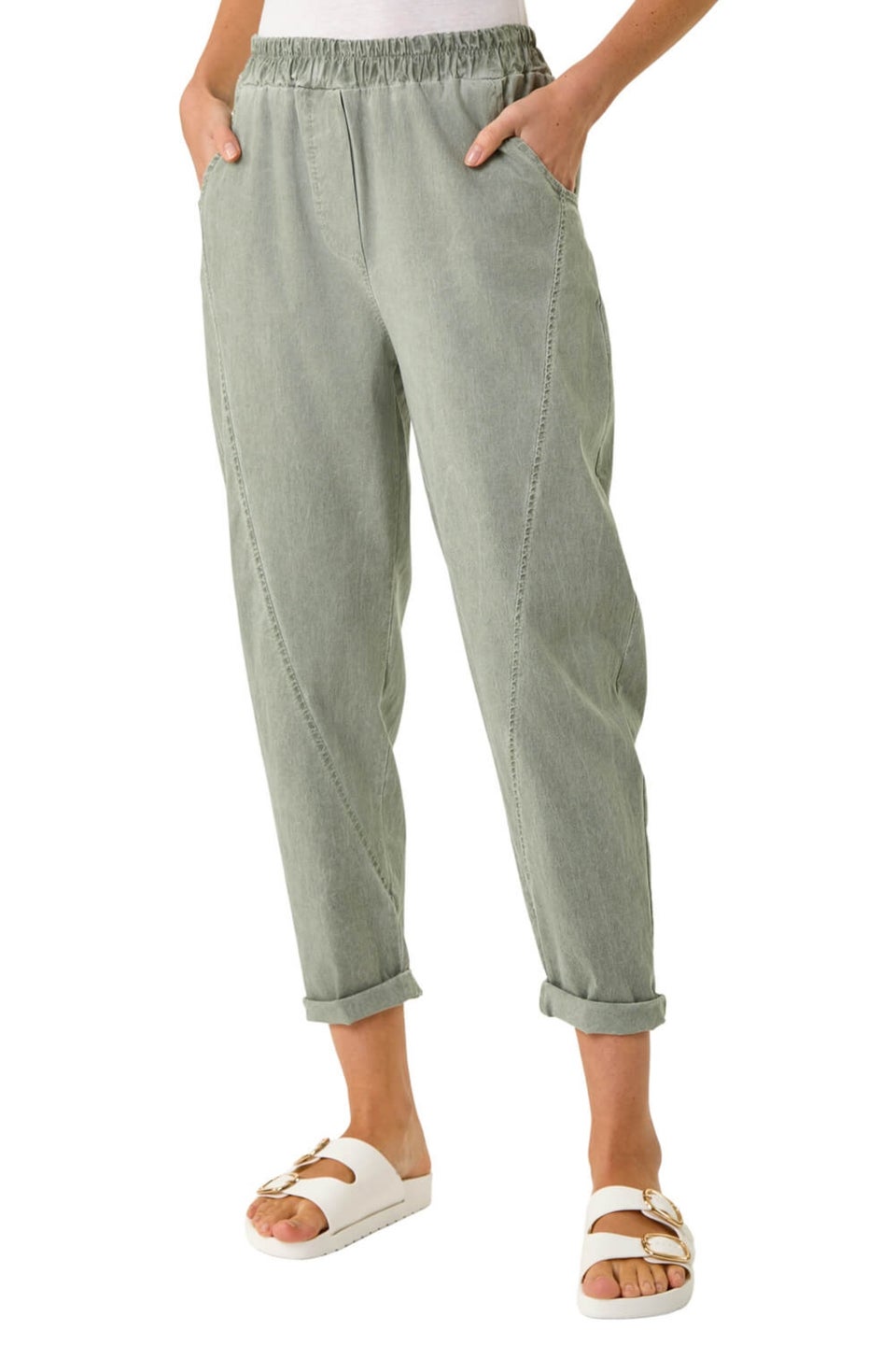 Roman Khaki Seam Detail Cropped Stretch Trouser