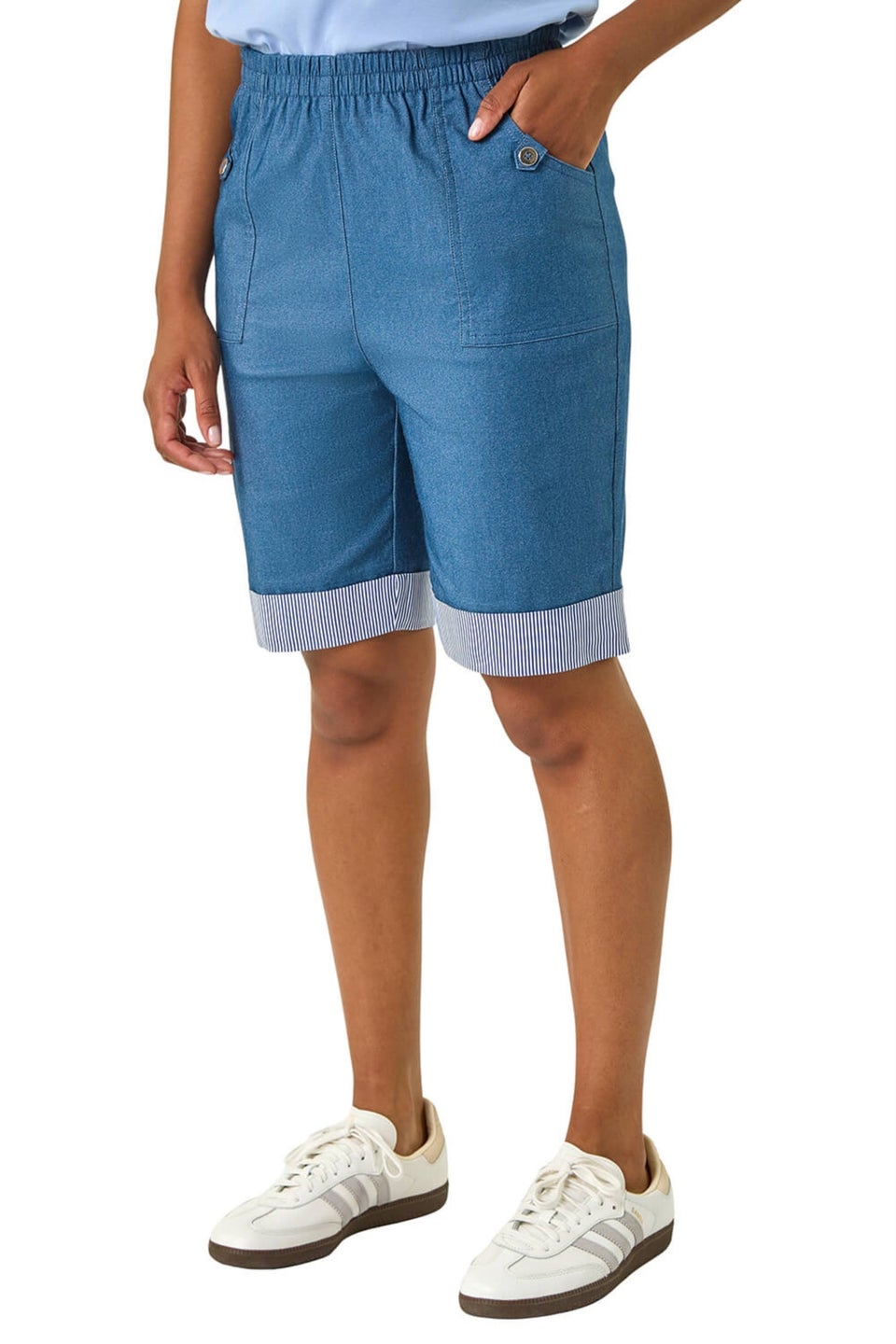 Roman Denim Bengaline Turn Up Stripe Stretch Shorts