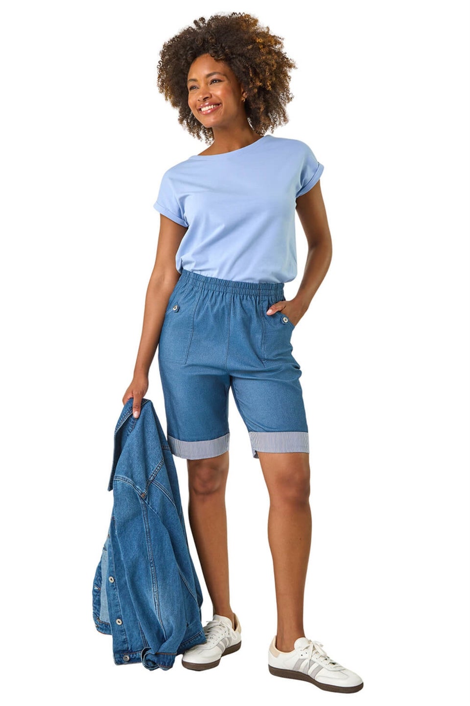 Roman Denim Bengaline Turn Up Stripe Stretch Shorts