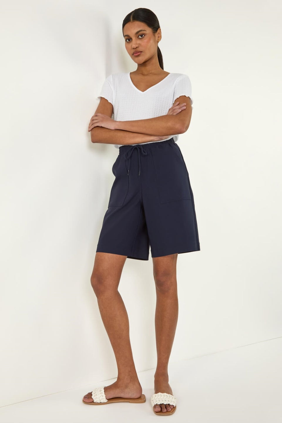 Roman Navy Drawcord Detail Pocket Stretch Shorts