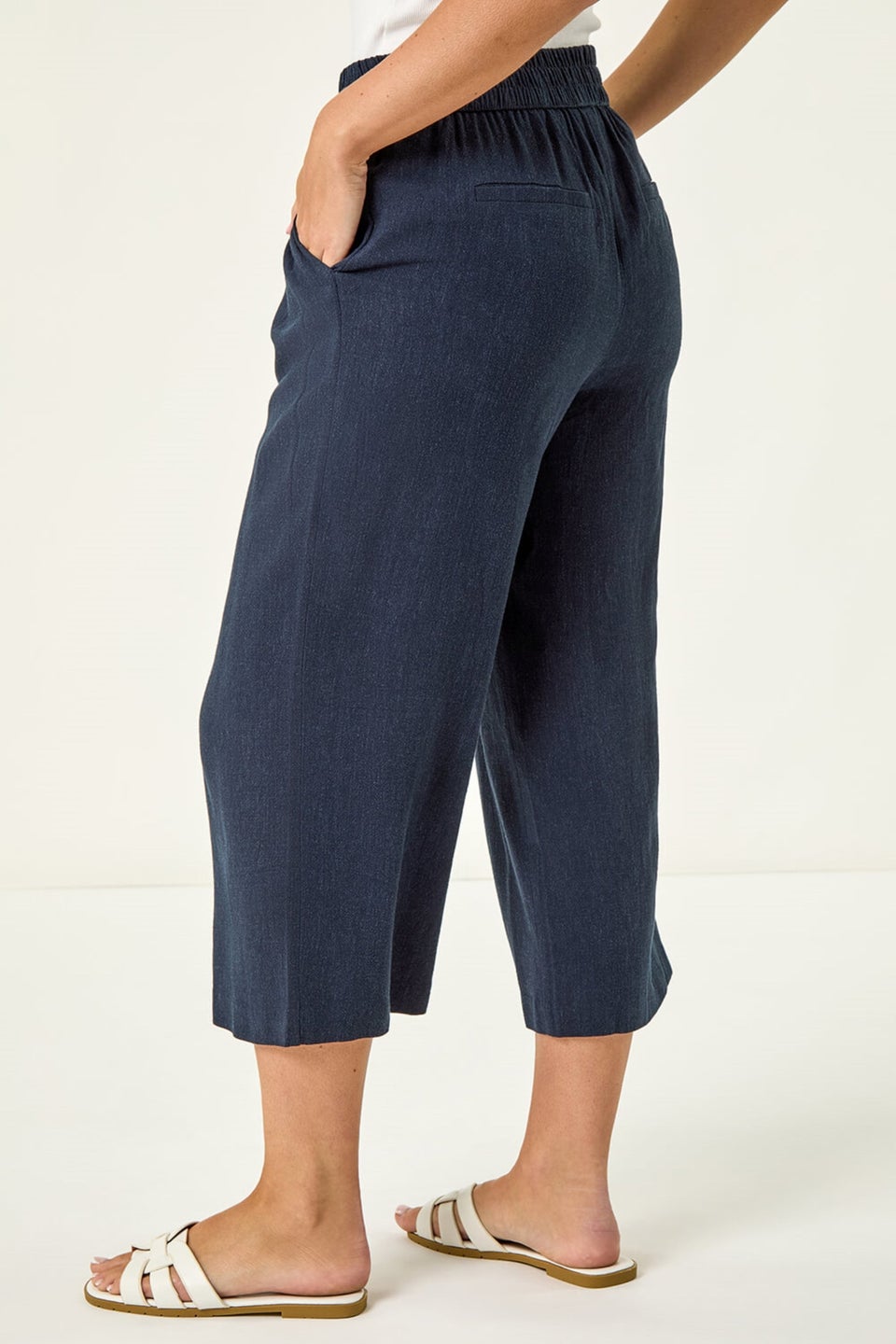 Roman Navy Petite Linen Mix Cropped Trouser