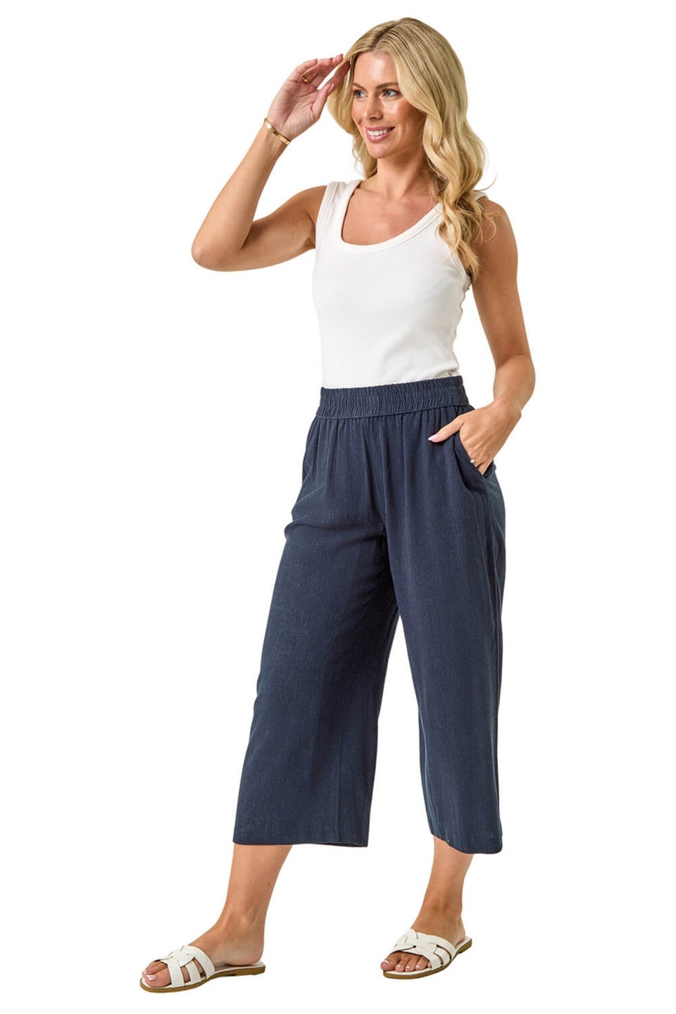 Roman Navy Petite Linen Mix Cropped Trouser