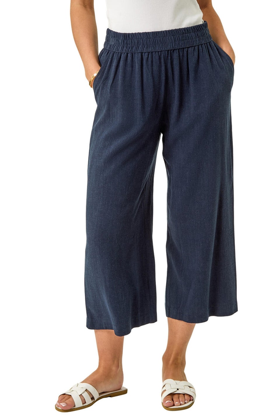 Roman Navy Petite Linen Mix Cropped Trouser