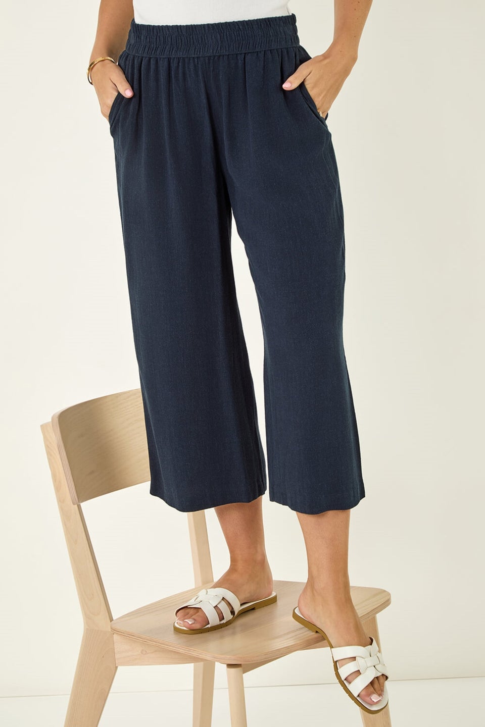 Roman Navy Petite Linen Mix Cropped Trouser