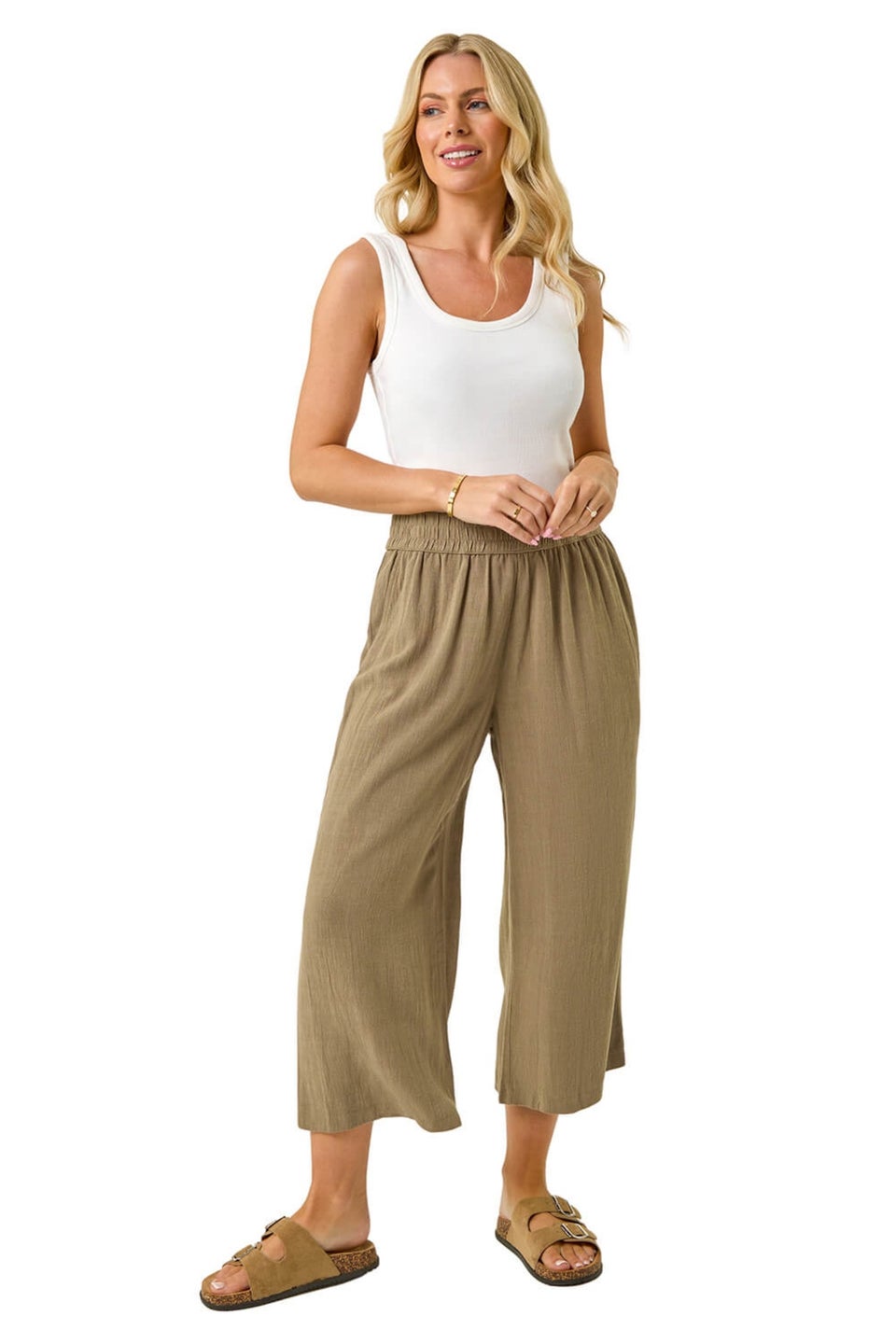 Roman Khaki Petite Linen Mix Cropped Trouser