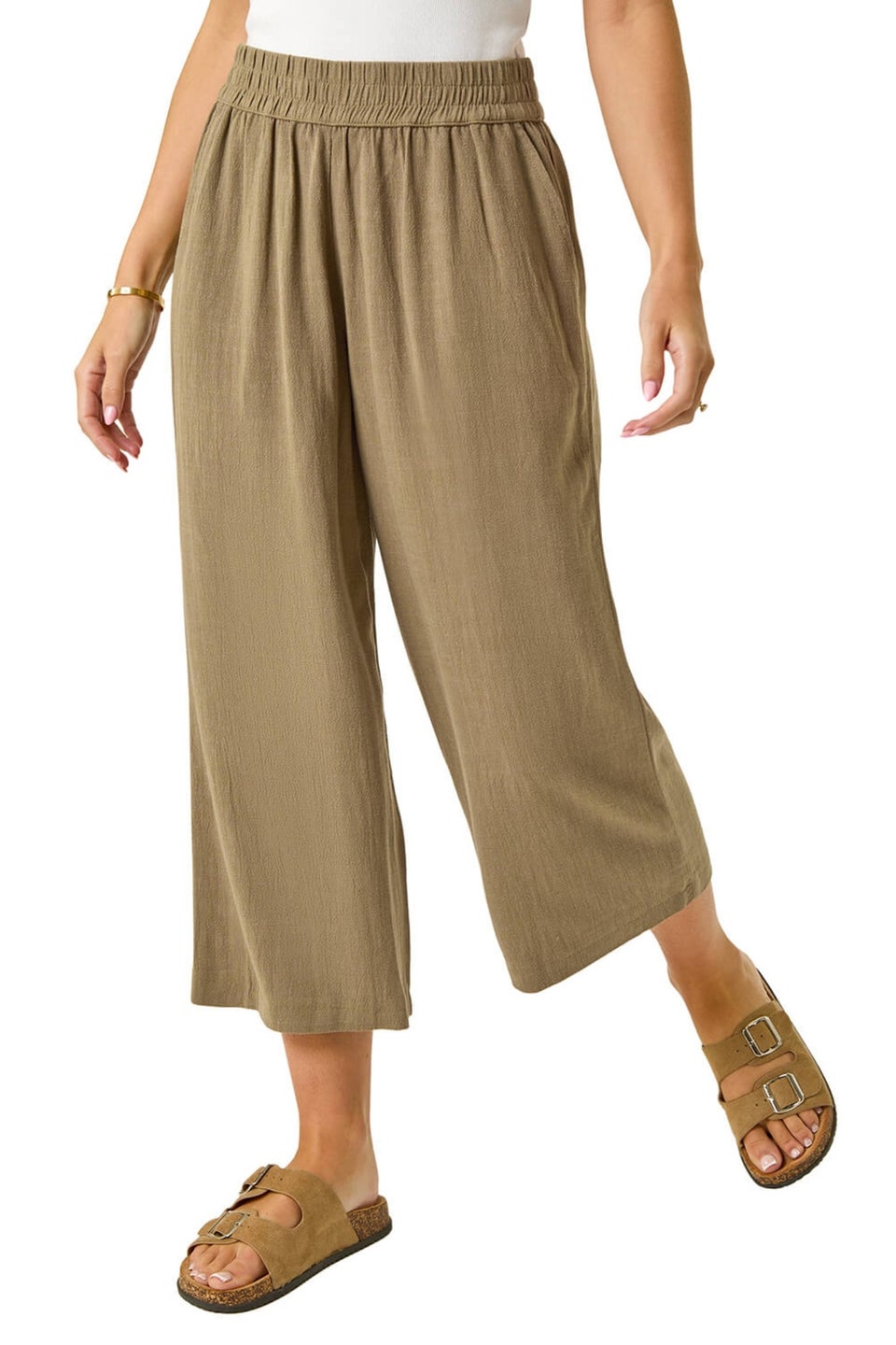 Roman Khaki Petite Linen Mix Cropped Trouser